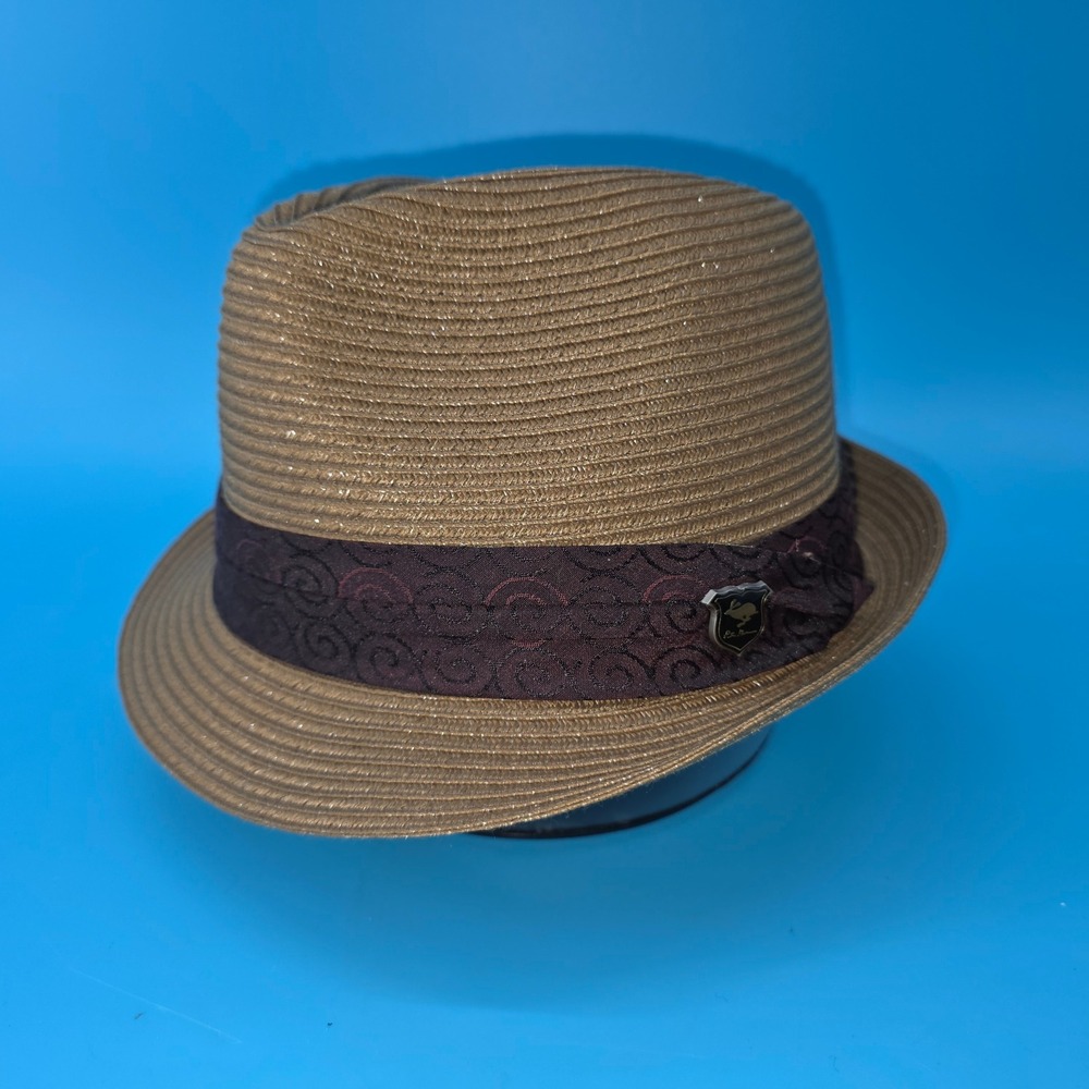 Peter Grimm Drifter Fedora Hat Tan Straw Metallic Burgundy Band Rabbit Pin L/XL